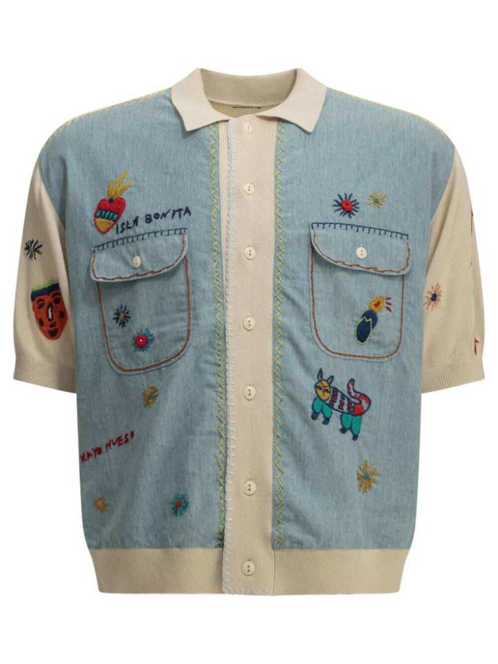 Kapital Kapital Knit X Chambray Polo Shirt Isla Bonita Casual Shirt Tag Size 3 M